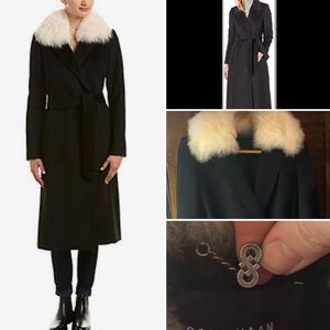 RARE COLE HAAN~Wool Coat Removable Fur Collar Belt